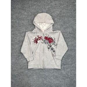 Sideout Kids Large 10/12 Full Zip Hoodie Gray Red Graphic Y2K Sweatshirt